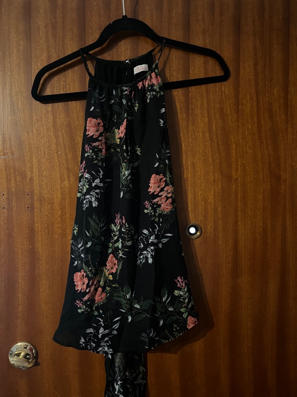 Parker Black Floral Halter Neck Blouse with Pink & Green Flowers